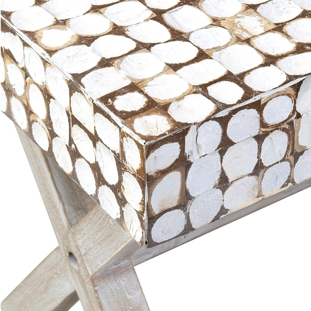 Bayside Coconut Shell Bench with X-Base (K/D) - White Patina by Jeffan