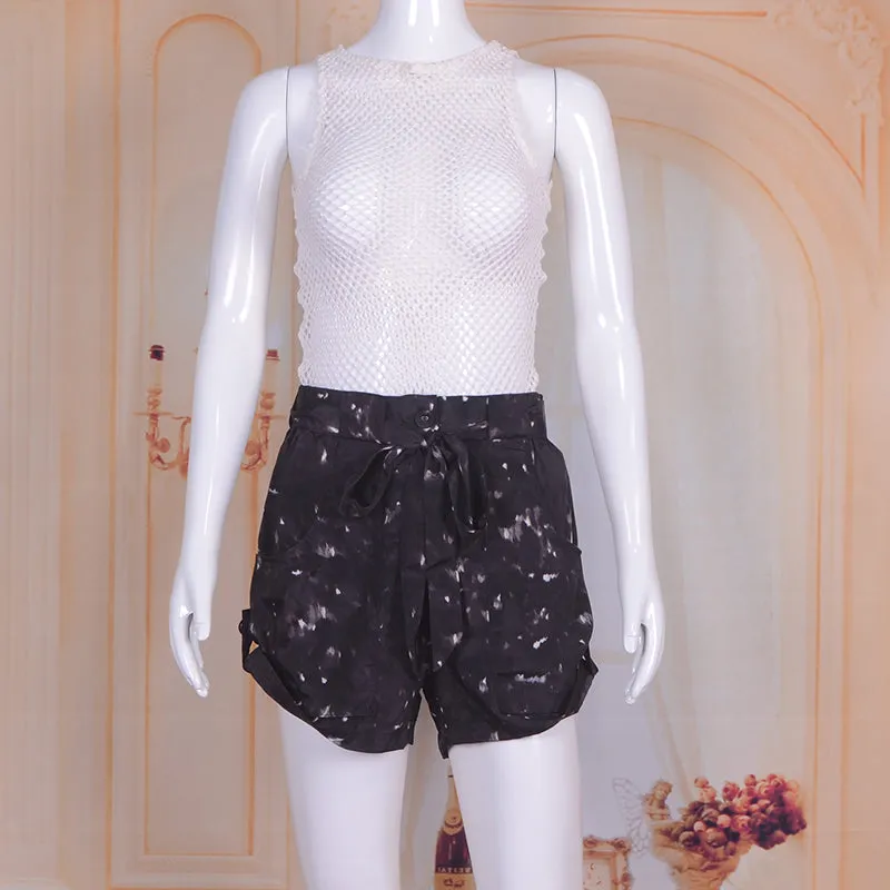 Casual Tie Dye Solid Shorts with Pockets and Sashes