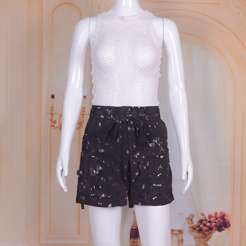 Casual Tie Dye Solid Shorts with Pockets and Sashes