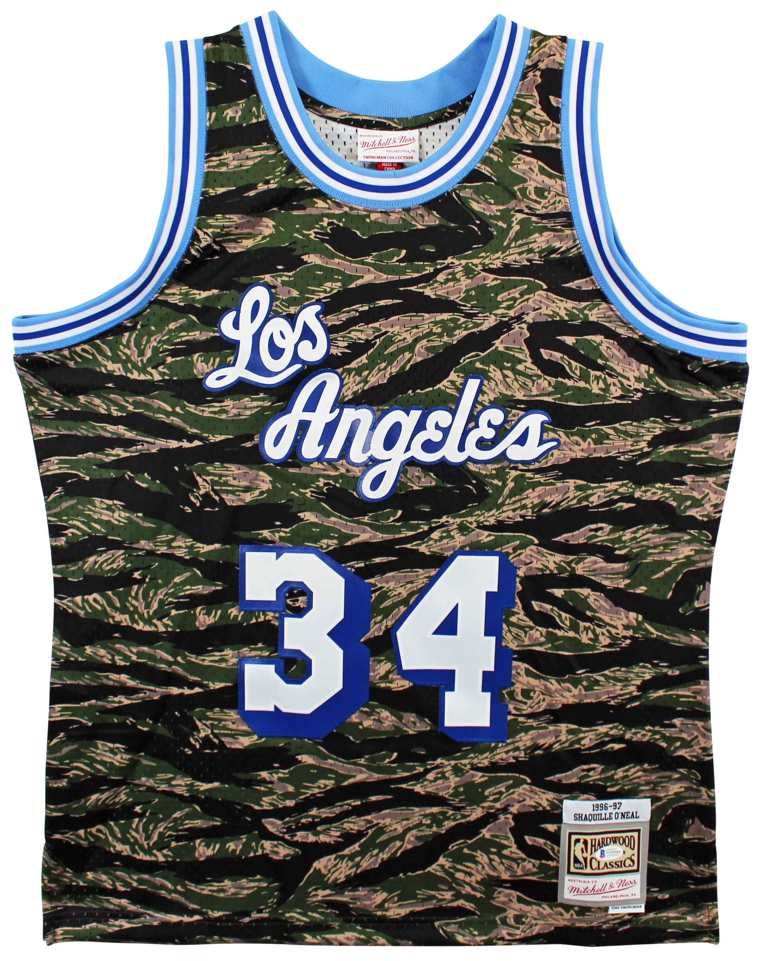 Lakers Shaquille O'Neal Camo 1996-97 M&N Signed HWC Swingman Jersey BAS Witness