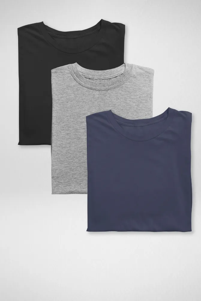 Pack Of 3 Plain T-shirts Navy Blue Grey Melange and Black for Women