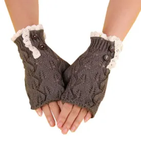 SALE 50% OFF Boho Fingerless Gloves Lace And Button Trim Charcoal Gray Antique Lace Wooden Buttons One Size