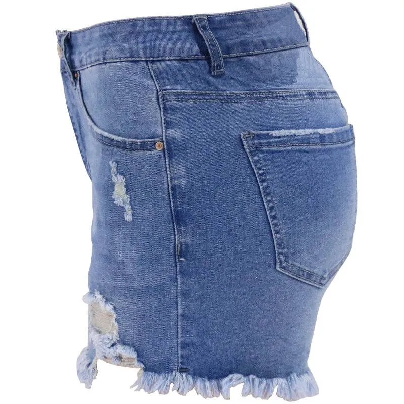 Women's Blue High-rise Ripped Stretch Summer Denim Shorts