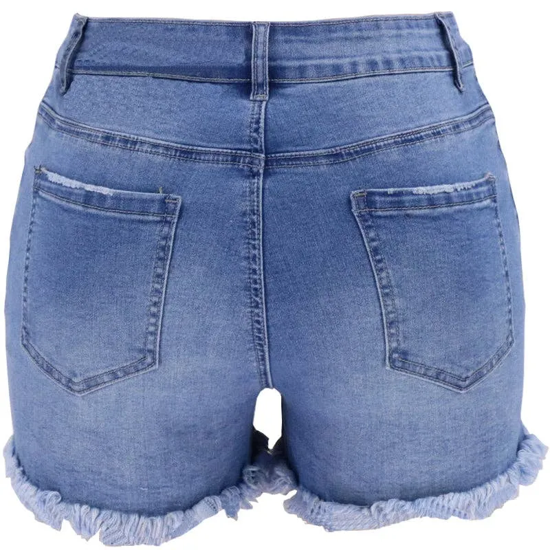 Women's Blue High-rise Ripped Stretch Summer Denim Shorts
