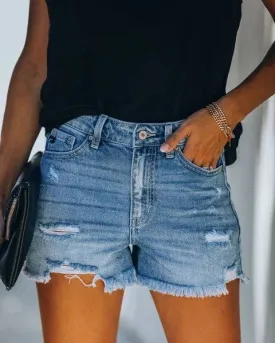 Women's Blue High-rise Ripped Stretch Summer Denim Shorts
