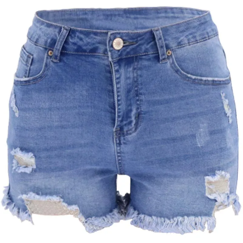 Women's Blue High-rise Ripped Stretch Summer Denim Shorts