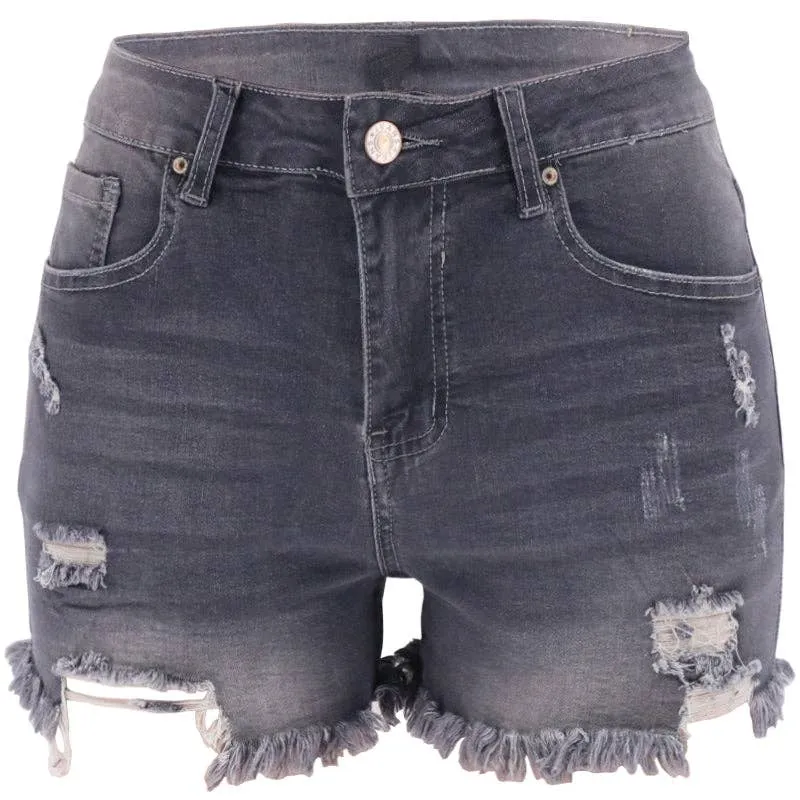 Women's Blue High-rise Ripped Stretch Summer Denim Shorts