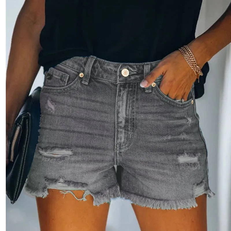 Women's Blue High-rise Ripped Stretch Summer Denim Shorts